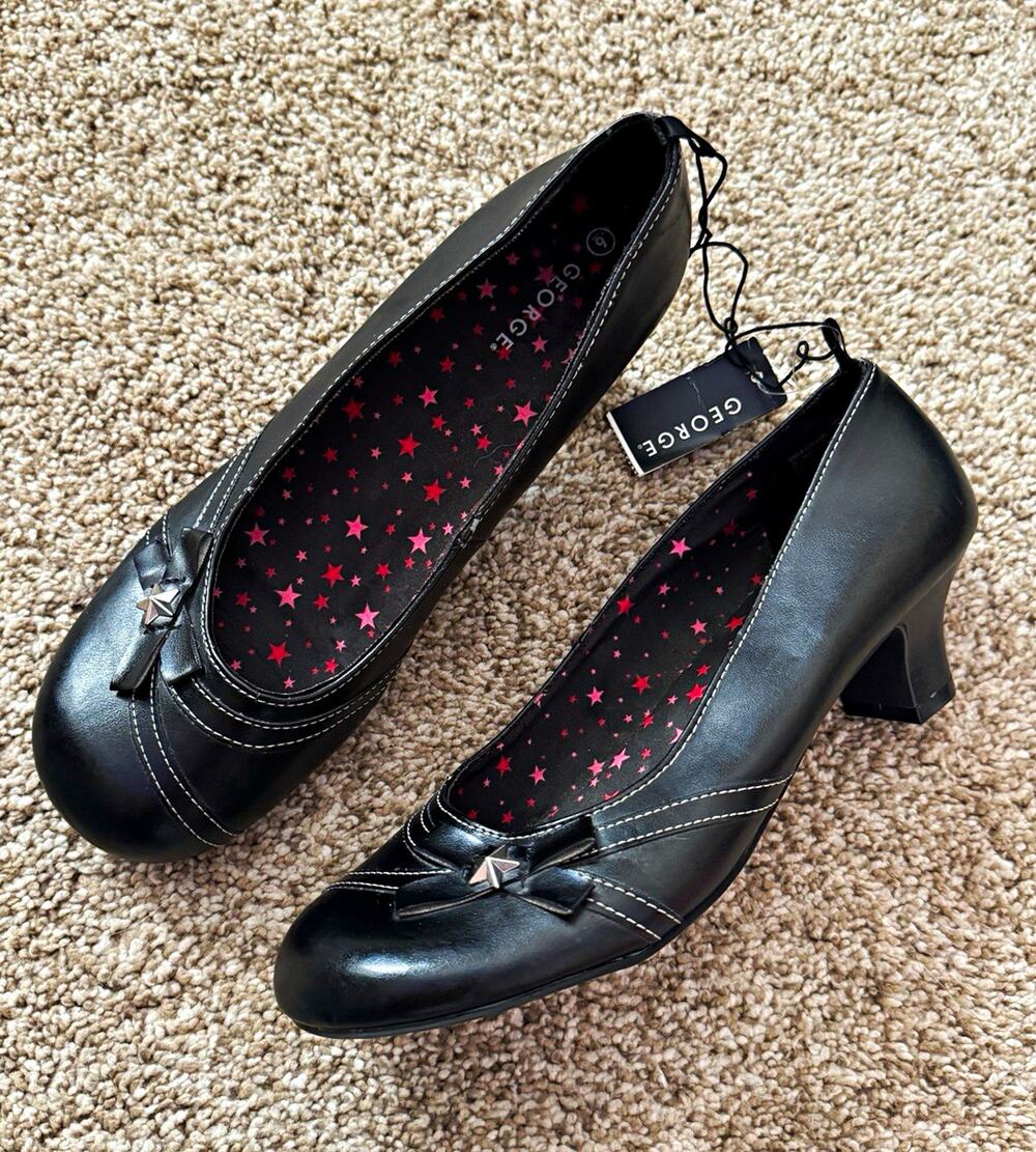 Whimsical Y2K George Black Kitten Heel Pumps Size 6 Star Bow Grunge Indie Retro